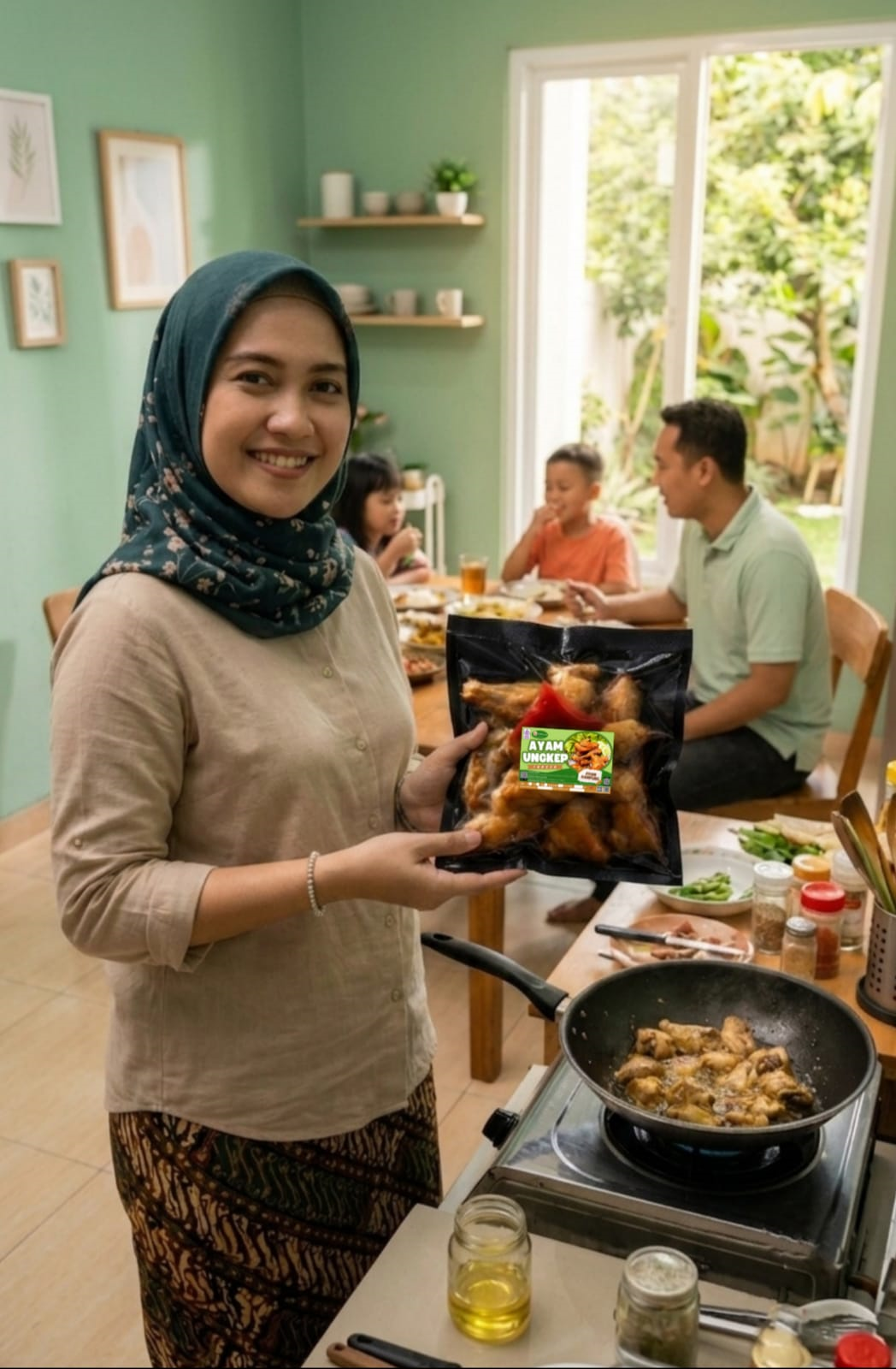 Keluarga menikmati hidangan bersama produk DeKampoong